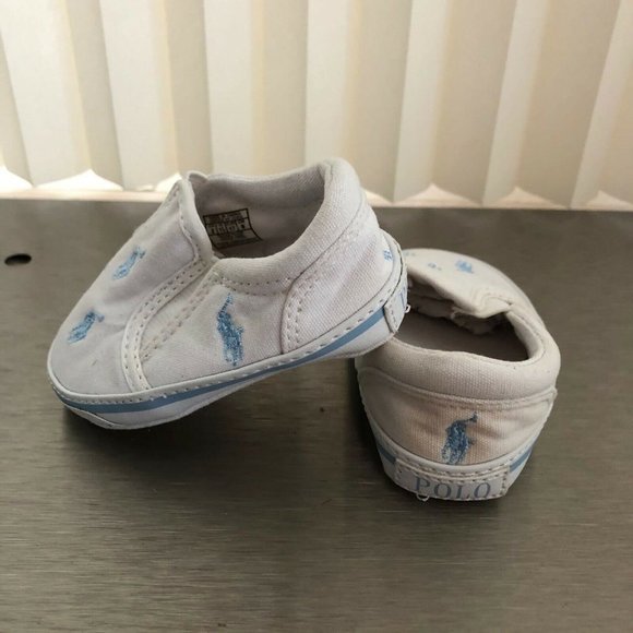 Ralph Lauren Baby Boy Canvas Shoes Slip On White Light Blue Logo Size 2 - Picture 5 of 11